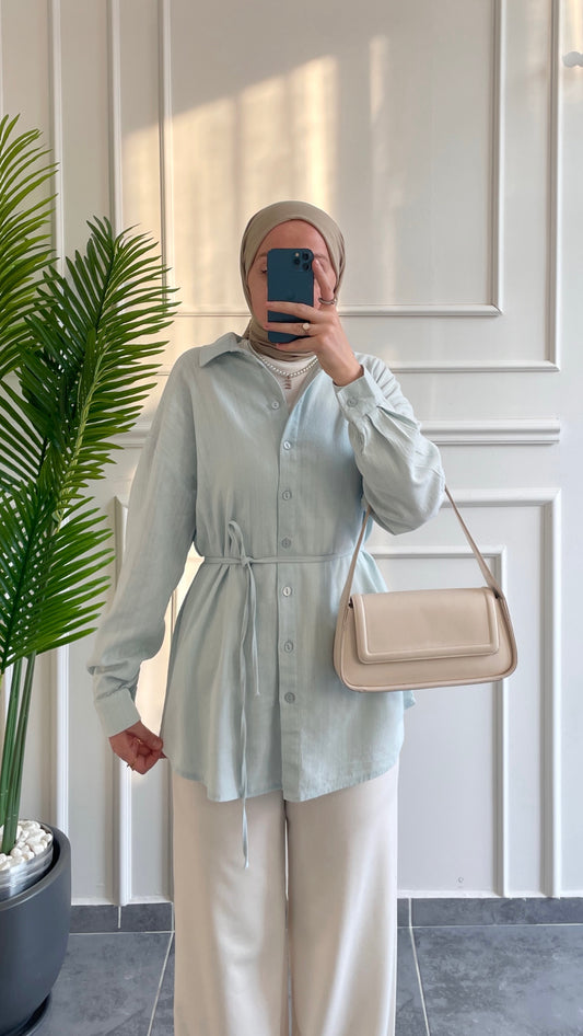 Ham Keten Seyyar Kemerli Gömlek-Bebek Mavi