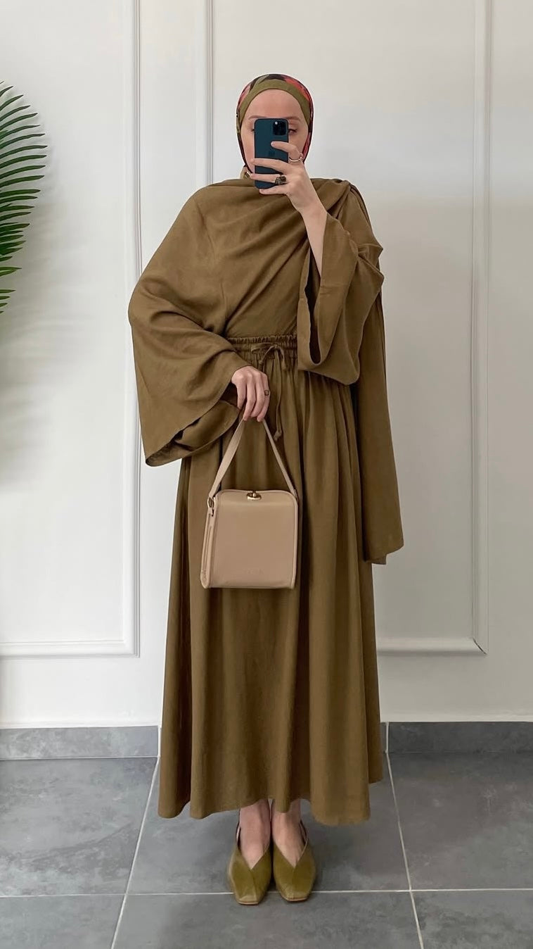 Pelerin Tasarım Ham Keten Etekli Takım-Yağ yeşili